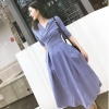 women Elegant office lady Striped half sleeve Shirt Dress v-neck Sleeve knee-length slim a-line Dress With Belt