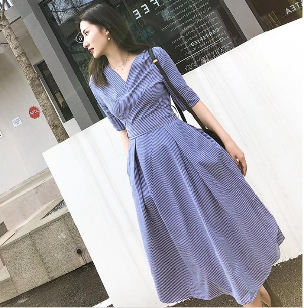 women Elegant office lady Striped half sleeve Shirt Dress v-neck Sleeve knee-length slim a-line Dress With Belt women Elegant office lady Striped half sleeve Shirt Dress v-neck Sleeve knee-length slim a-line Dress With Belt