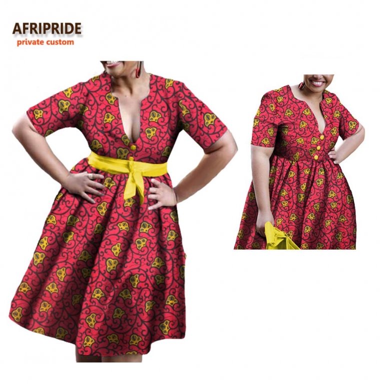 19 african A-line autumn dress for women AFRIPRIDE half sleeve V-neck knee-length casual women cotton dress with sashesA722598