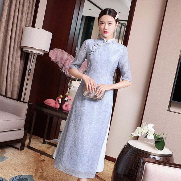 Vintage Long Dress Women Spring And Summer Chinese Traditional Cheongsam Stand Collar half sleeve Elegant Dress Plus Size S-2XL