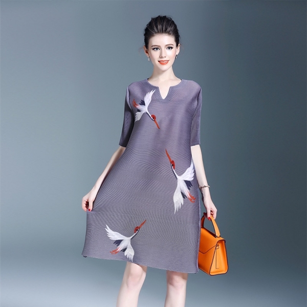 Plus Size Dress Women Casual Print Spring New Fashion Miyake Pleats
