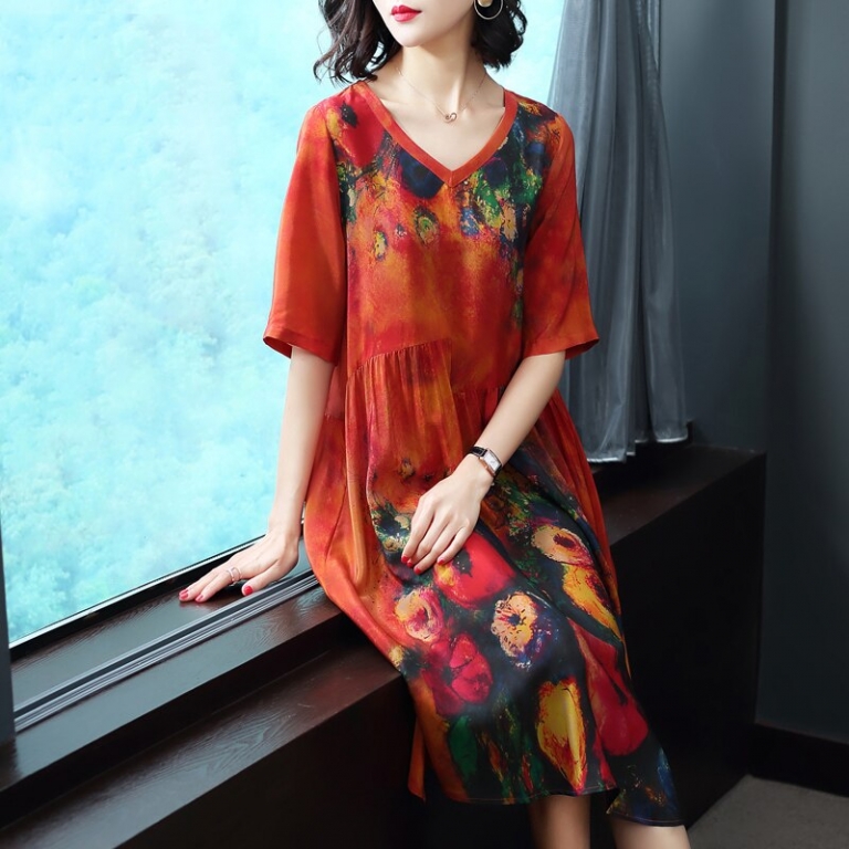 Plus Size Women Dresses Real Silk Clothes Loose Women Print Dresses New Pattern Half Sleeves Dress Lady Beach Casual Costume