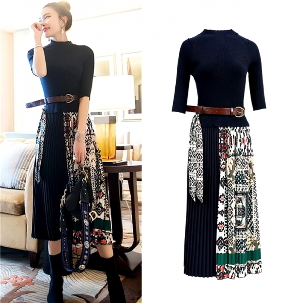 Boutique Women Knitted Dress Half Sleeve Printing Pleated Patchwork