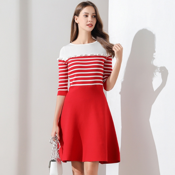 Women Dress Autumn and Winter Knitted Sweater Dresses Half Sleeve A-line Ruffles High Waist Striped Casual Dresses TS05 Women Dress Autumn and Winter Knitted Sweater Dresses Half Sleeve A-line Ruffles High Waist Striped Casual Dresses TS05