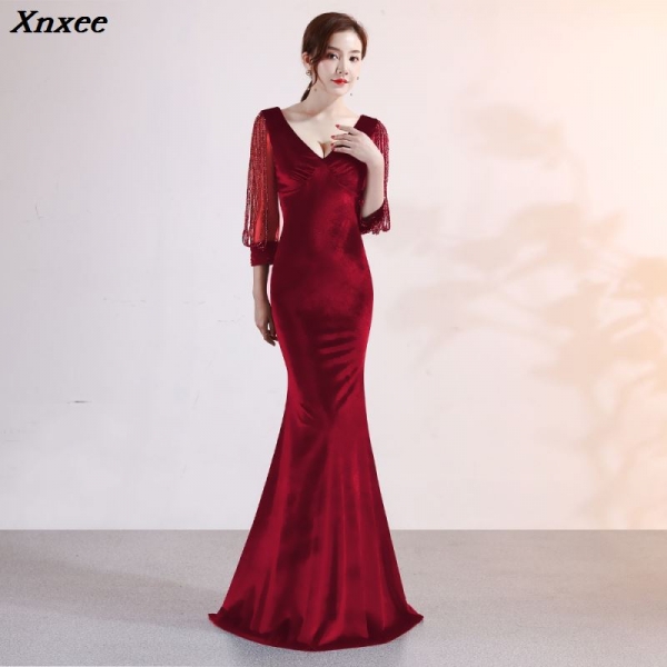 Xnxee Vestido De Festa Sexy Women Elegant Transparent Half Sleeve V-Neck Velvet Long Mermaid Evening Party Dress Xnxee Xnxee Vestido De Festa Sexy Women Elegant Transparent Half Sleeve V-Neck Velvet Long Mermaid Evening Party Dress Xnxee