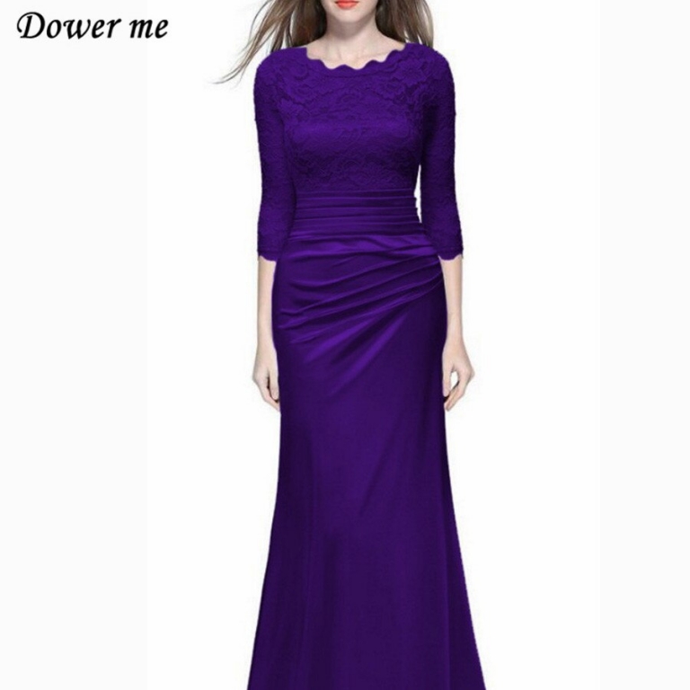 Dower Me Women Vestidos Half Sleeve Solid Lace A-Line Party Dress Y072 O-Neck Floor-Length Zipper Ruched Women Dress