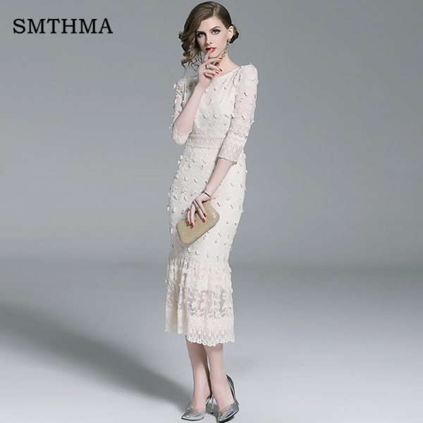 SMTHMA 19 New Embrodery Mesh Long Dress Women Spring Half Sleeve Dresses High Waist Trumpet Mermaid Dress Vestido 1 SMTHMA 19 Embroidered Mesh Long Dress: Elegance and Style Combined