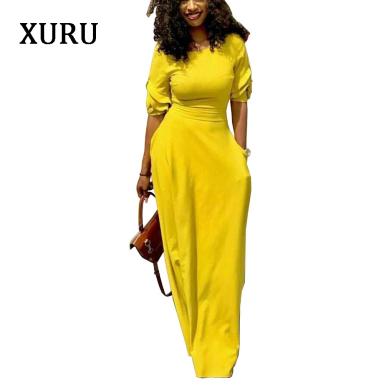 XURU 19 Autumn Pencil Dress Black Yellow Red Half Sleeve Slim Waits Pockets Long Dresses Elegant Lady Casual Party Dress