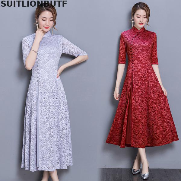 3xl Floral Cheongsam Dress Chinese Style Half Sleeve Retro Dress 19 Spring Autumn Slim Female Sheer Dress Vintage Women Dress