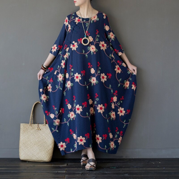 Women Embroidery Floral Dress Chinese Style Autumn New Half Sleeve Women Vintage Loose Cotton Long Dress 1 Women’s Embroidery Floral Dress – Chinese Style, Vintage Autumn Half-Sleeve Long Dress