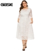 Elegant O-Neck Half Sleeve Lace Dress Black White Evening Party