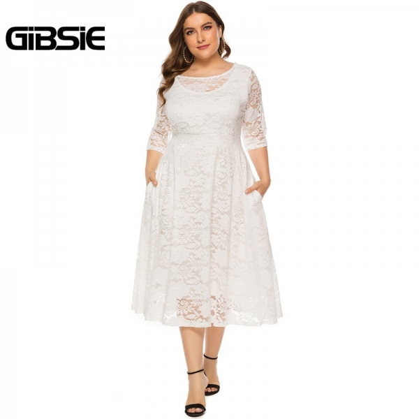Elegant O-Neck Half Sleeve Lace Dress Black White Evening Party