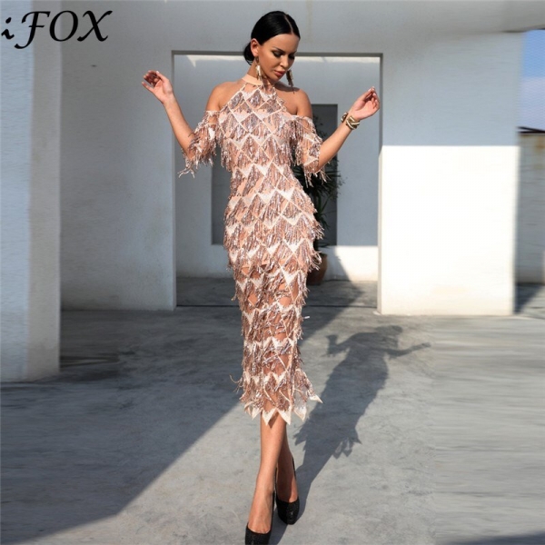 IFox Charming Halter Neck Tassel Sequined Women Dress Elegant Half Sleeve Female Party Dress Vestdios WD9121701 1 Neck Tassel Sequined Women Dress Elegant Half Sleeve