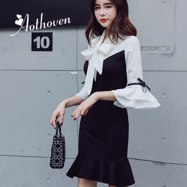 Summer Patchwork Mermaid Dresses Half Sleeve Bow Women Dress Office Lady Bandage Bodycon Vintage Sexy Party Club Dress Vestidos 1 Dress Office Mermaid Dresses Half Sleeve Bow