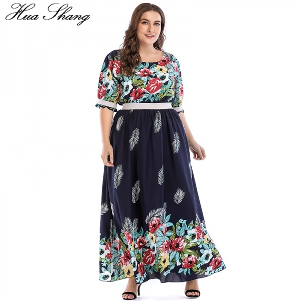 Plus Size 5xl Summer O Neck Half Sleeve High Waist Long Chiffon Dress