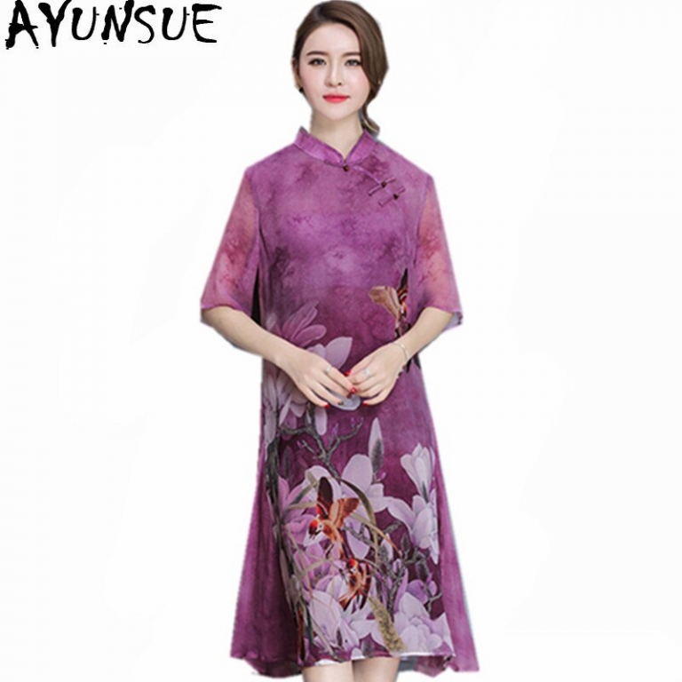 AYUNSUE Vintage Qipao Floral Dress Stand Collar Women Spring Summer Half Sleeve Slim Chiffon Dresses Vestidos Plus Size WXF596