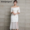 Office Work Dress Women Trumpet Midi White Dress Half Sleeve