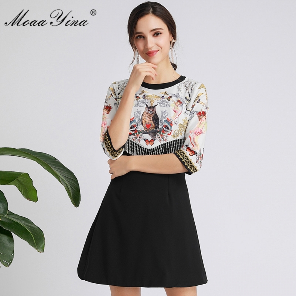Autumn Women's Dress Half sleeve Crystal Tassel Print Dress