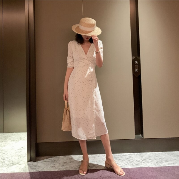 19 Summer dress elegant women boho floral wrap half sleeve chiffon beach dress korean vintage v neck party midi dress