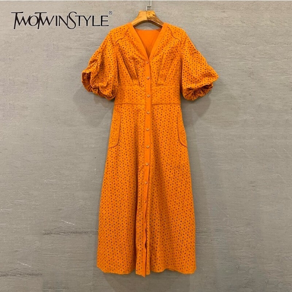 TWOTWINSTYLE Summer Vintage Solid Women Dress V Neck Puff Sleeve High Waist Button Hollow Out Midi Dresses Female Fashion 19 TWOTWINSTYLE Summer Vintage Solid Women Dress V Neck Puff Sleeve High Waist Button Hollow Out Midi Dresses Female Fashion 19