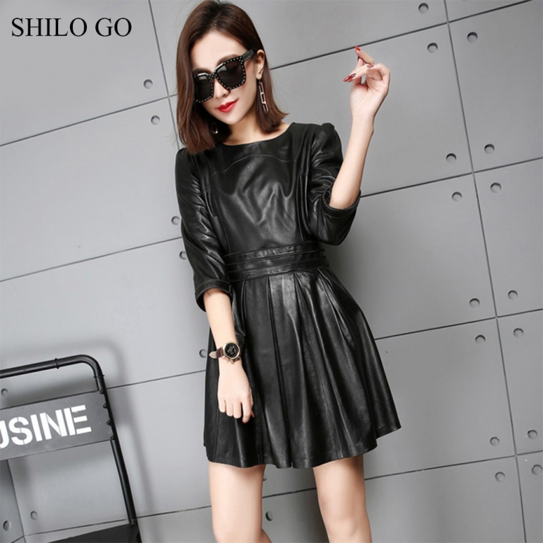 SHILO GO Leather Dress Womens Spring Fashion sheepskin genuine leather dress O Neck half sleeve office lady pleated dress