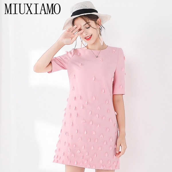 Retro Half Sleeve Appliques Flower Pink Vintage Dress