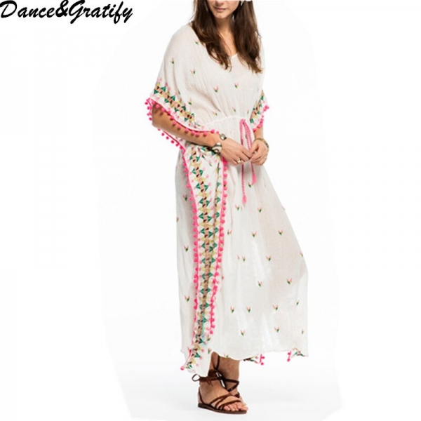Embroidery Floral Half Sleeve Midi Fall Dress V Neck Sexy Bohemian Casual Spring Women Drawstring Tassel Tunic Dress