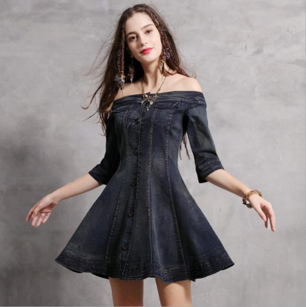 Women Denim Dress Sexy Off-Shoulder Women's Clothing Half Sleeve Denim Jeans Dress Vestido de Festa Vintage Sexy Wear 1 Off-Shoulder Women's Clothing Half Sleeve Denim Jeans Dress Vestido