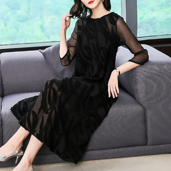 Plus Size Women Clothing Autumn Dresses Fashion Back Lace Casual Costume Lady Half Sleeves A-Line Dress Office Lady Dress 1 Fashion Back Lace Casual Costume Lady Half Sleeves A-Line Dress