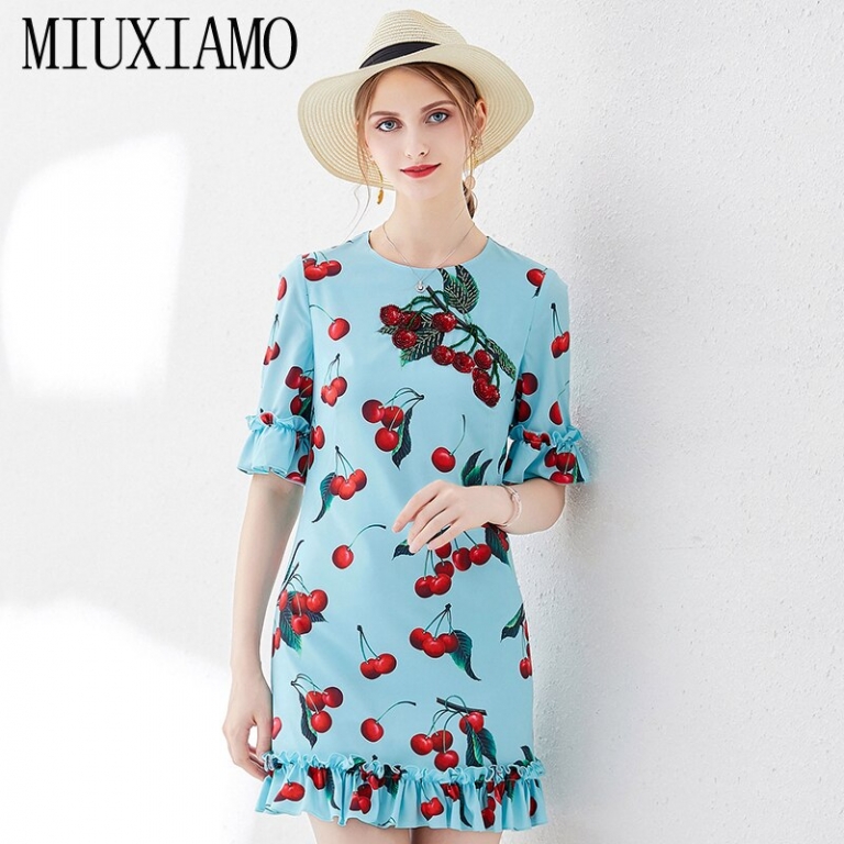 MIUXIMAO Top Quality 19 Ruway DesignFall Dress Newest Casual Dresses Women Cherryprint Ruffles Half Sleeve Dress Women