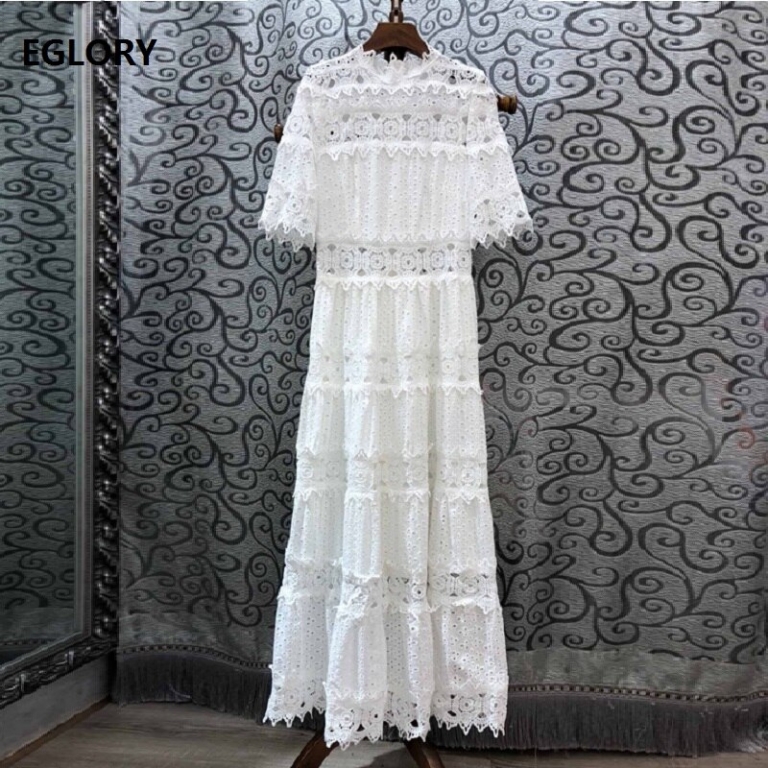 19 Autumn Fashion Long Dress High Quality Women Ruffled Collar Hollow Out Embroidery Half Sleeve Maxi Long Cotton Dress White