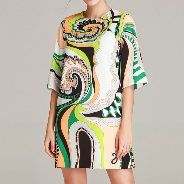 High quality 19 designer fashion summer dress Women's Half Sleeve Pattern Printed Sequined Beaded Vintage Straight Short Dress 1 Half Sleeve Pattern Printed Sequined Beaded Vintage Straight Short Dress