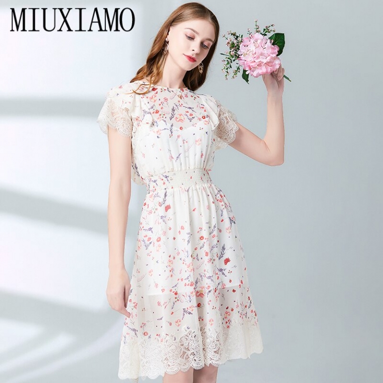 MIUXIMAO Top Quality 19 Fall Dress Flower Ptint Half Sleeve Dress Slim Lace Eleghant Cotton Casual Dress Women Vestidos