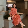 Dress Floral Printed Half Sleeve Elegant Hight Waist Petal Sleeve Sweet Midi Party