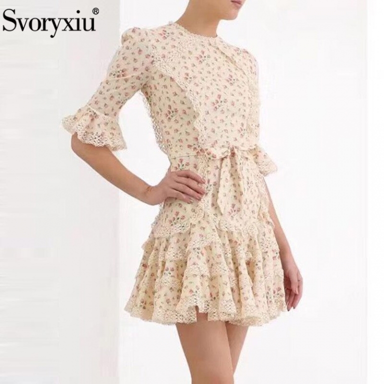 Svoryxiu Runway Designer Autumn Flower Print Mini Dress Women's Fashion Half Sleeve Lace Embroidery Elegant Party Dresses