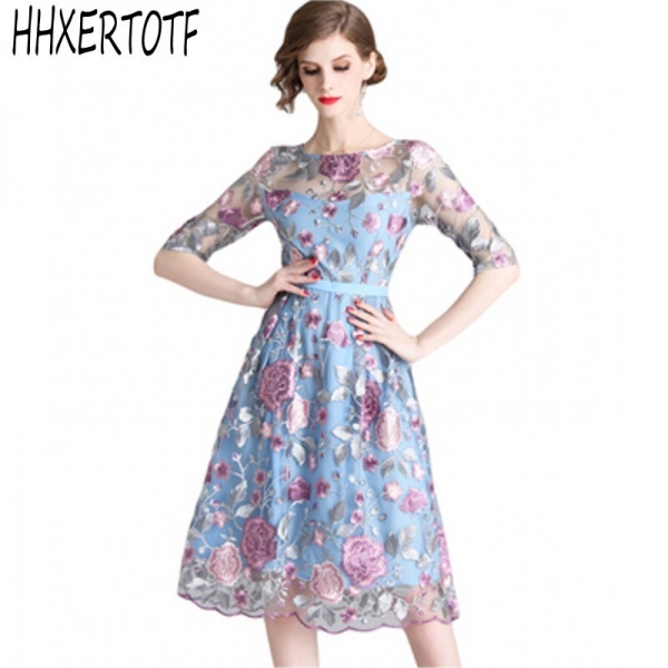 Mesh Embroidery Half Sleeve Dress Designer Runway Heavy duty