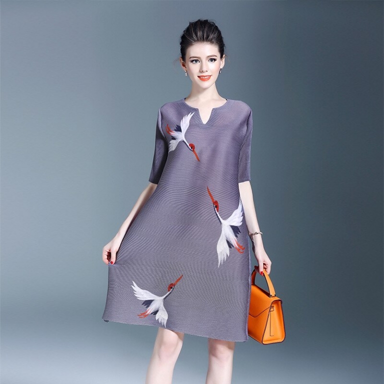 Plus Size Dress Women Casual Print Spring New Fashion Miyake Pleats Loose Half sleeve Dresses Wholesale Free Shipping