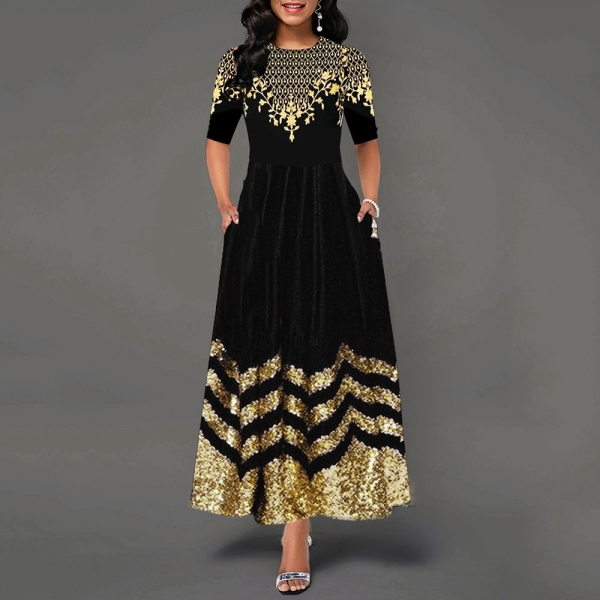 Dress Half Sleeve female elegant vintage floral printed a line pocket Black