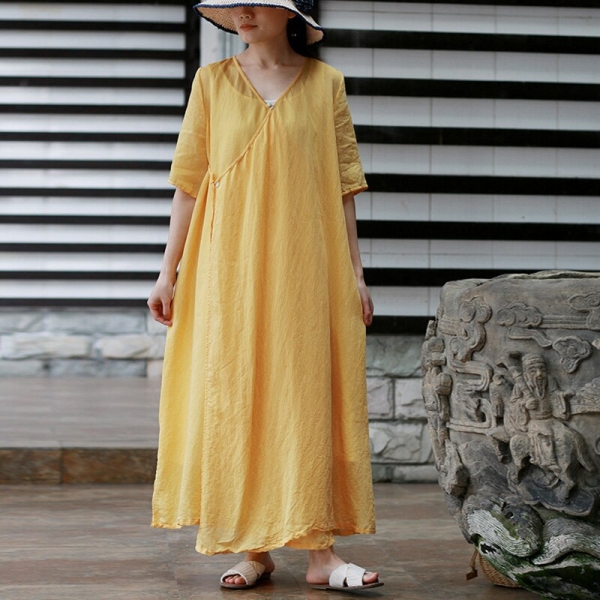 New Fashion Style Casual V-neck Solid Women Dress Summer Loose Embroidery Half Sleeve Long Female Dress New Fashion Style Casual V-neck Solid Women Dress Summer Loose Embroidery Half Sleeve Long Female Dress