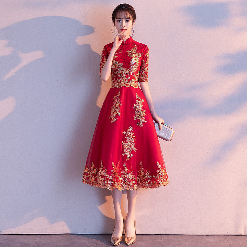 Red Womens Halter Half Sleeve Party Dress Chinese Style Lace Cheongsam Wedding Elegant Prom Maxi Qipao Long Gown Vestido XS-XXL 3