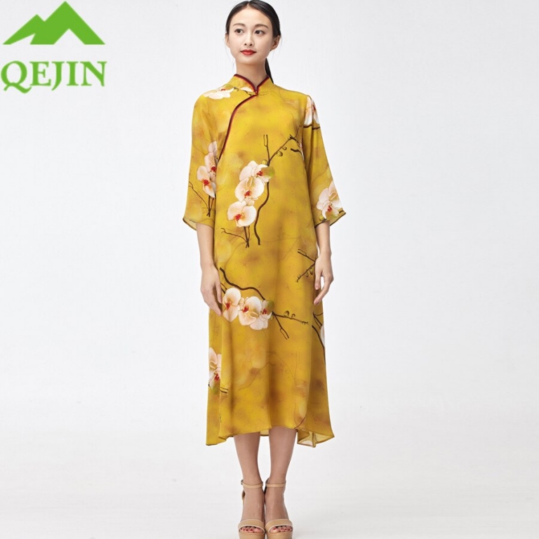 18 women silk dresses summer kleid floral printed nature silk vestidos half sleeve Long beach dresses loose sun dress yellow