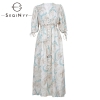 Half Sleeve Flowers Printed Elastic Waist Linen Cotton