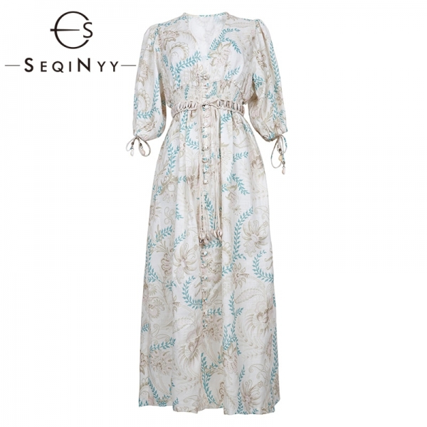 Half Sleeve Flowers Printed Elastic Waist Linen Cotton