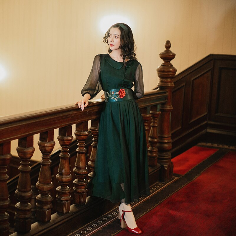 Vintage Tunic Embroidery Sashes O-Neck Half Sleeve Evening Party Dress
