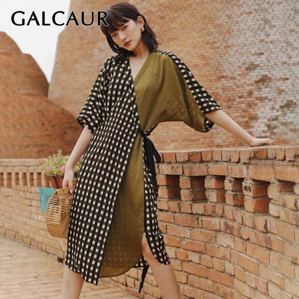 GALCAUR Vintage Plaid Women Dress High Waist V Neck Half Sleeve Lace Up Asymmetrical Female Dresses 19 Fashion Summer Tide 1 High Waist V Neck Half Sleeve Lace Up Asymmetrical Dress
