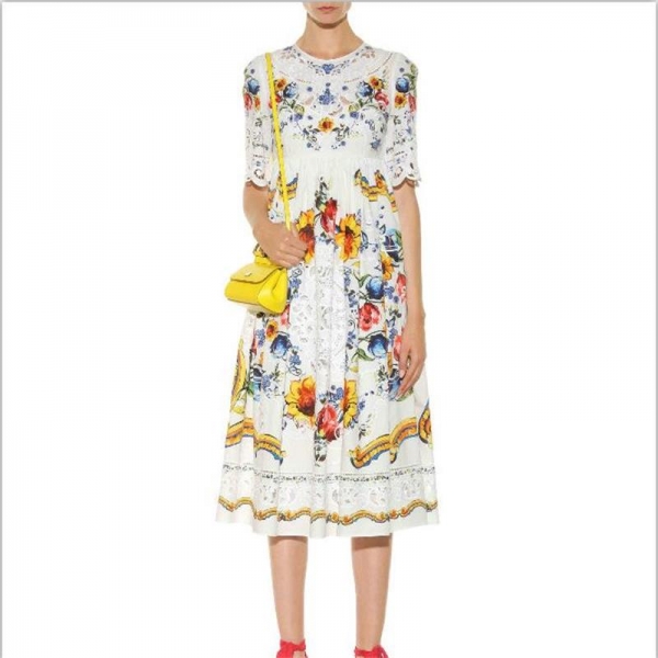 Women Summer Dress 18 High Quality Designer Runway O-neck Half Sleeve Embroidery Printed Elegant Party Dresses NPD0740 1 Runway O-neck Half Sleeve Embroidery Printed Elegant Party Dress