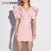 Casual Ruched V Neck Puff Half Sleeve High Waist Mini Dress