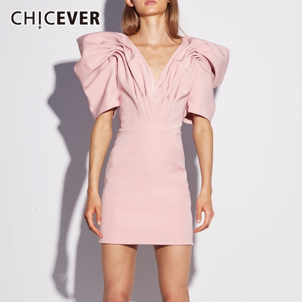 Casual Ruched V Neck Puff Half Sleeve High Waist Mini Dress