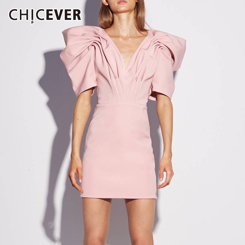 CHICEVER Casual Ruched Women’s Dresses V Neck Puff Half Sleeve High Waist Mini Dress For Female 19 Fashion Clothing New Tide 1