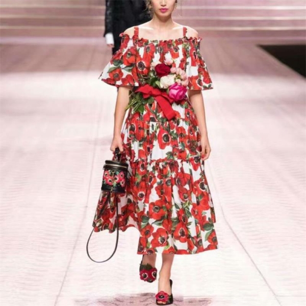 Women Dress 19 High Quality Spring Summer Designer Runway Half Sleeve Printed Spaghetti Strap Casual Dresses NP0093